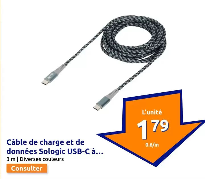 Câble De Charge Et De Données Sologic Usb-c â... offre à 1,79€ sur Action