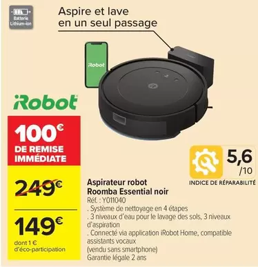 IRobot - Aspirateur Robot Roomba Essential Noir offre à 149€ sur Carrefour Market