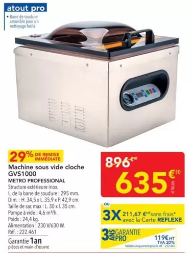 Facile - Machine Sous Vide Cloche Gvs1000 offre à 635€ sur Metro