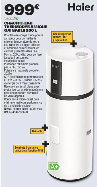 Haier - Chauffe-eau Thermodynamique Gainable 200L offre à 999€ sur Brico Dépôt