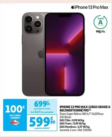 Apple - Iphone 13 Pro Max 128Go Grade A Reconditionne Prs offre à 599,99€ sur Auchan Hypermarché