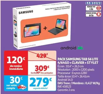 Samsung - Pack Tab S6 Lite 4/64Go+Clavier+Stylet offre à 309€ sur Auchan Hypermarché