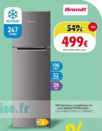 Brandt - Réfrigérateur Congélateur En Hveux Bfp6540e offre à 499€ sur Darty