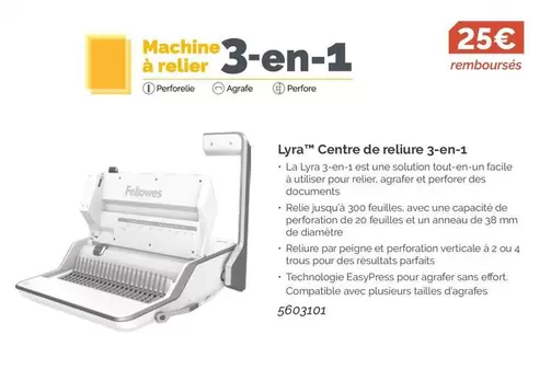 Fellowes - Lyra Centre De Rellure 3-EN-1 offre à 25€ sur LDLC