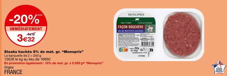 Monoprix - Steaks Hachés 5% De Mat offre à 3,32€ sur Monoprix