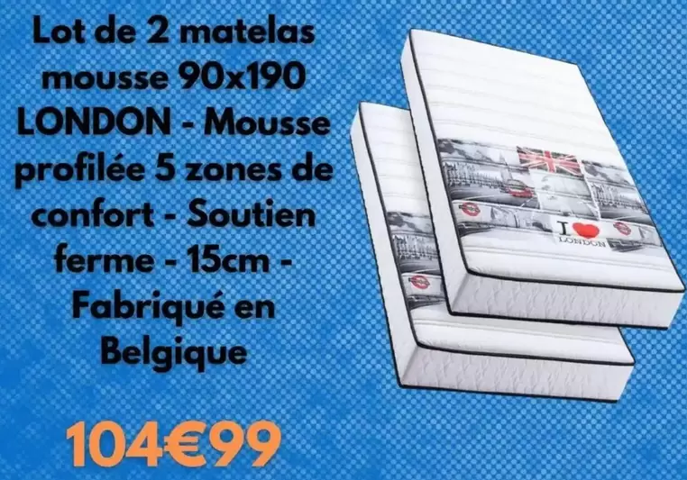 Lot De 2 Matelas Mousse 90x190 LONDON Mousse Profilée 5 Zones De Confort - Soutien Ferme - 15cm - Fabriqué En Belgique offre à 104,99€ sur Cdiscount