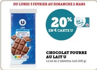 U - Chocolat Fourre Au Lait offre sur Super U