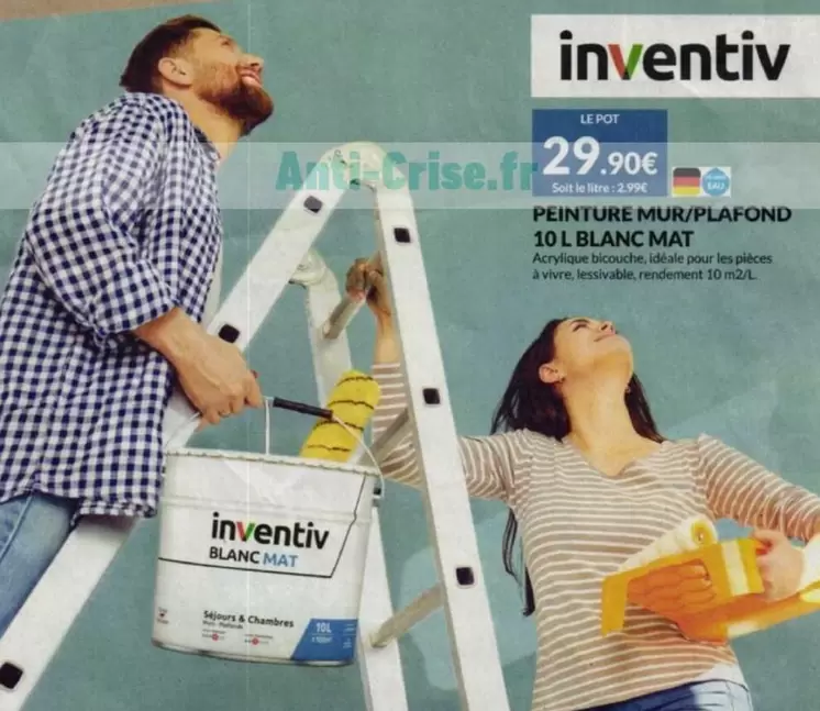 Inventiv - Peinture Mur/Plafond 10L Blanc Mat offre à 29,9€ sur Les Briconautes