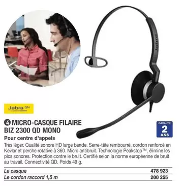 Jabra - Micro-casque Filaire Biz 2300 Qd Mono offre à 275€ sur Hyperburo