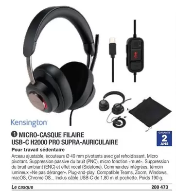 Kensington - Micro-casque Filaire Usb-c H2000 Pro Supra-auriculaire offre à 275€ sur Hyperburo