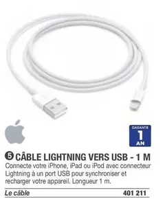 Câble Lightning Vers Usb - 1 M offre sur Hyperburo