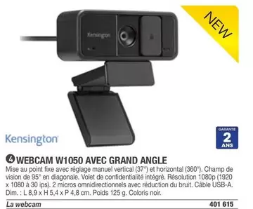 Kensington - WEBCAM W1050 AVEC GRAND ANGE offre à 2€ sur Hyperburo