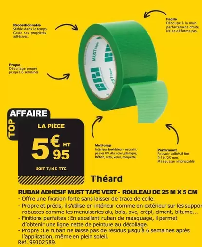 Ruban Adhésif Must Tape Vert-Rouleau  offre à 5,95€ sur Tout faire matériaux