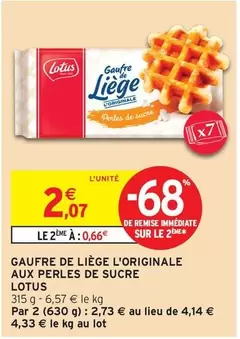 Lotus - Gaufre De Liège L'Originale Aux Perles De Sucre offre à 2,07€ sur Intermarché Hyper