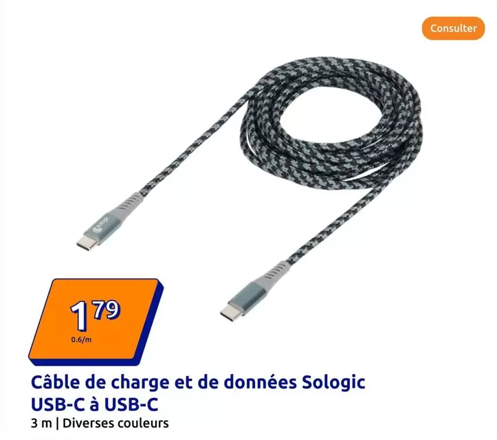 Câble De Charge Et De Données Sologic Usb-c À Usb-c offre à 1,79€ sur Action