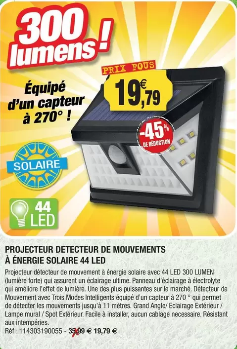 Projecteur Detecteur De Mouvements A Energie Solaire 44 Led offre à 19,79€ sur Outiror