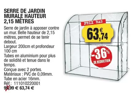 Serre De Jardin Murale Hauteur 2,15 Metres offre à 63,74€ sur Outiror