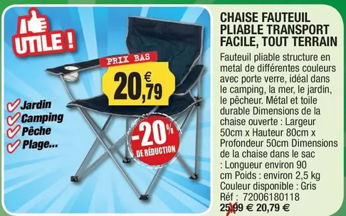 Chaise Fauteuil Pliable Transport Facile, Tout Terrain offre à 20,79€ sur Outiror