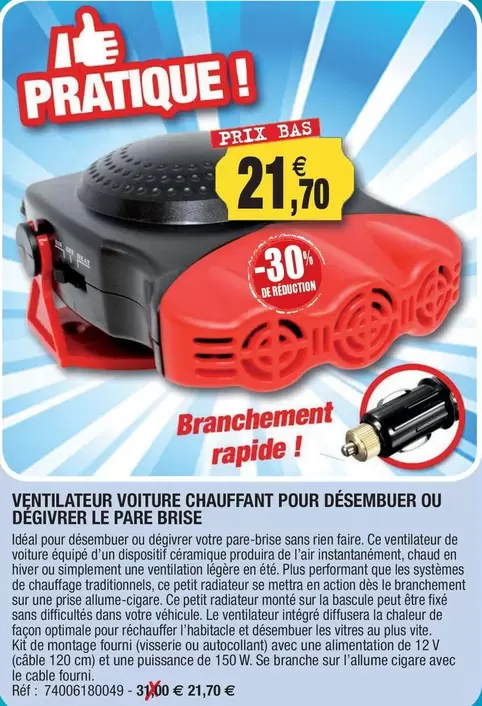 Ventilateur Voiture Chauffant Pour Désembuer Ou Dégivre Le Pare Brise offre à 21,7€ sur Outiror