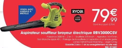 Ryobi - Aspirateur Souffleur Broyeur Electrique offre à 79,99€ sur Brico Pro