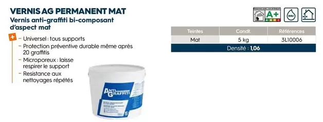 Vernis Permanent Mat Anti-graffiti Bi-Composant D'Aspect Mat offre sur Tollens