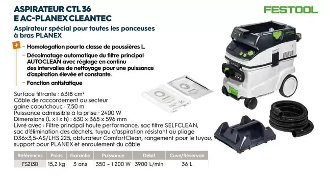 Festool - Aspirateur Ctl 36 E Ac Planex Cleantec offre sur Tollens