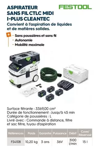 Midi - Aspirateur Sans Fil Ctlc  I-plus Cleantec offre sur Tollens