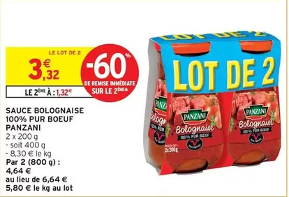 Panzani - Sauce Bolognaise 100% Pur Boeuf offre à 3,32€ sur Intermarché Hyper