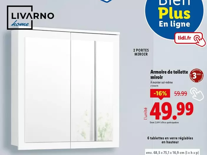 Livarno Home - Armoire De Toilette Miroir offre à 49,99€ sur Lidl