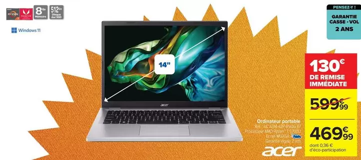 Acer - Ordinateur Portable offre à 469,99€ sur Carrefour Contact