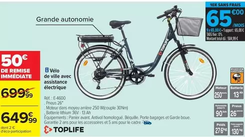 Toplife - Vélo De Ville Avec Assistance Électrique offre à 649,99€ sur Carrefour Contact