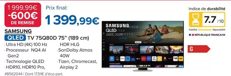 Samsung - Qled Tv 75Q80D 75" offre à 1399,99€ sur Costco