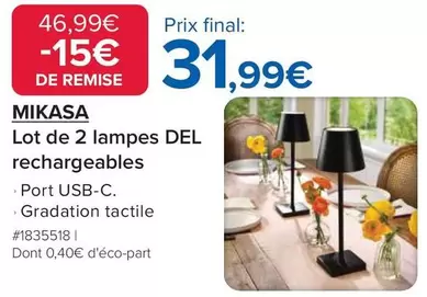 Mikasa - Lot De 2 Lampes Del Rechargeables offre à 31,99€ sur Costco