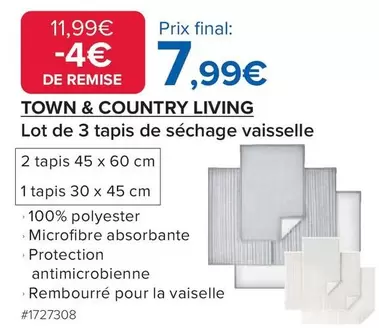 Town & Country Living - Lot De 3 Tapis De Séchage Vaisselle offre à 7,99€ sur Costco