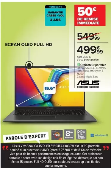 Asus - Ordinateur Portable offre à 499,99€ sur Carrefour Contact