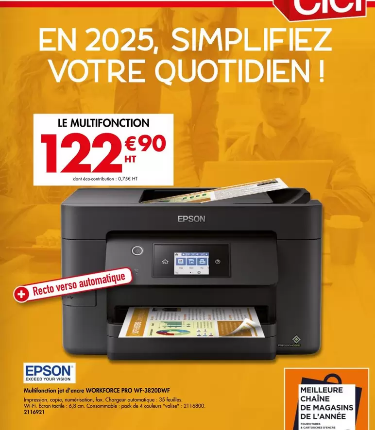 Epson - Multifonction Jet D'Encre Workforce Pro WF-3820DWF offre à 122,9€ sur Plein ciel