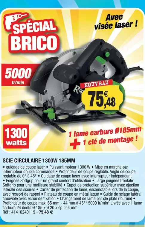 Ribimex - Scie Circulaire 1300W 185Mm offre à 75,48€ sur Outiror