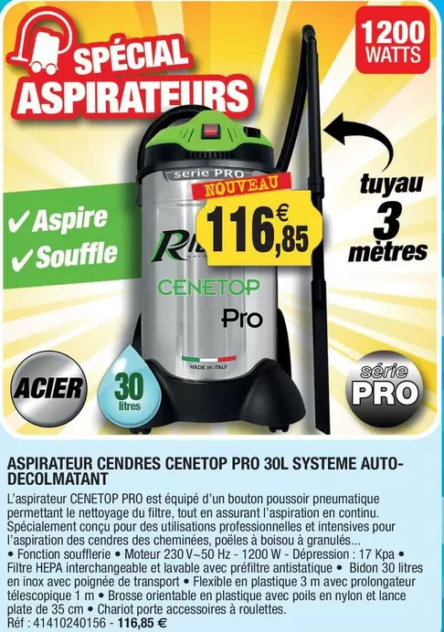 Ribimex - Aspirateur Cendres Cenetop Pro Systeme Auto-Decolmatant offre à 116,85€ sur Outiror