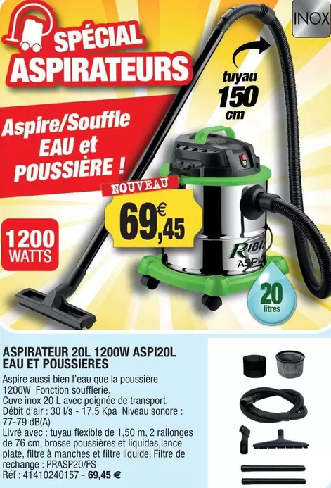 Ribimex - Aspirateur 20l 1200W Aspi20L Eau Et Poussieres offre à 69,45€ sur Outiror