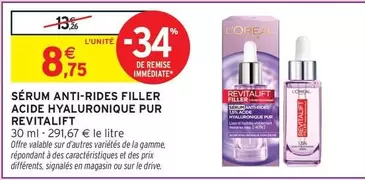 L'Oréal - Sérum Anti-rides Filler Acide Hyaluronique Pur Revitalift offre à 8,75€ sur Intermarché Express