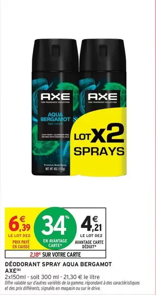 Axe - Déodorant Spray Aqua Bergamot offre à 4,21€ sur Intermarché Express