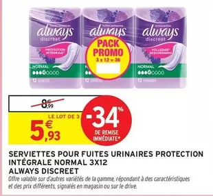 Always - Serviettes Pour Fuites Urinaires Protection Intégrale Normal 3x12 offre à 5,93€ sur Intermarché Contact