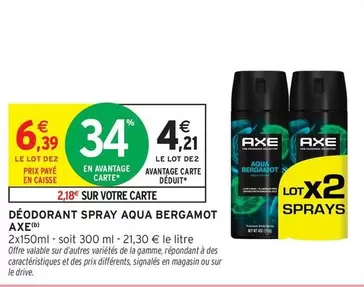 Axe - Déodorant Spray Aqua Bergamot offre à 6,39€ sur Intermarché Contact