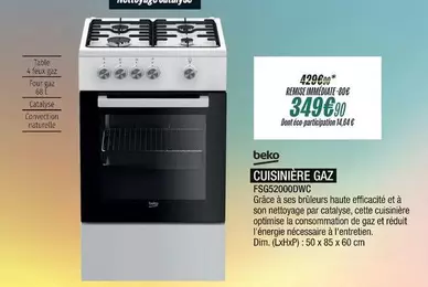 Beko - Cuisinière Gaz FSG52000DWC  offre à 349,9€ sur Blanc Brun