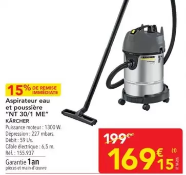 Kärcher - Aspirateur Eau Et Poussière "nt 30° 1 Me" offre à 169,15€ sur Metro