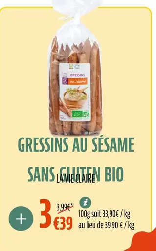 La Vie Claire - Gressins Au Sésame Sans Gluten Bio offre à 3,39€ sur La Vie Claire