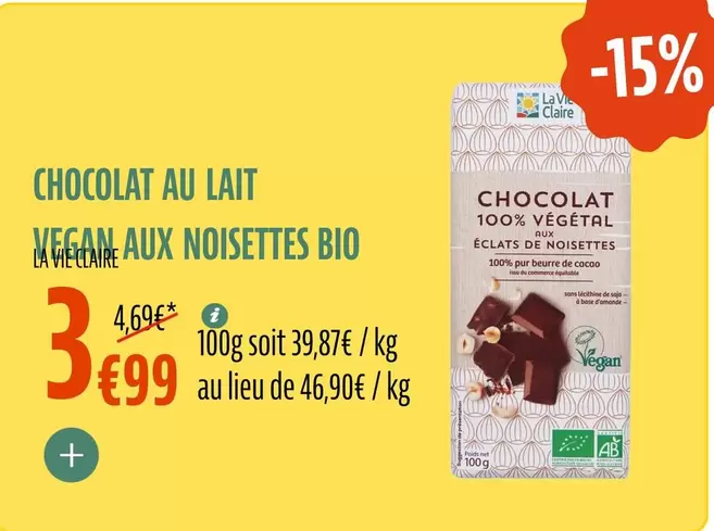 La vie claire - Chocolat Au Lait offre à 3,99€ sur La Vie Claire