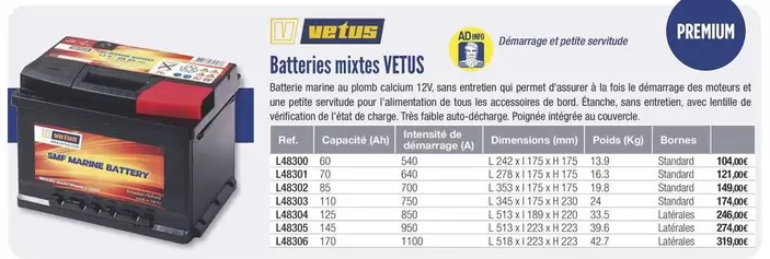 Vetus - Batteries Mixtes  offre à 104€ sur Accastillage Diffusion