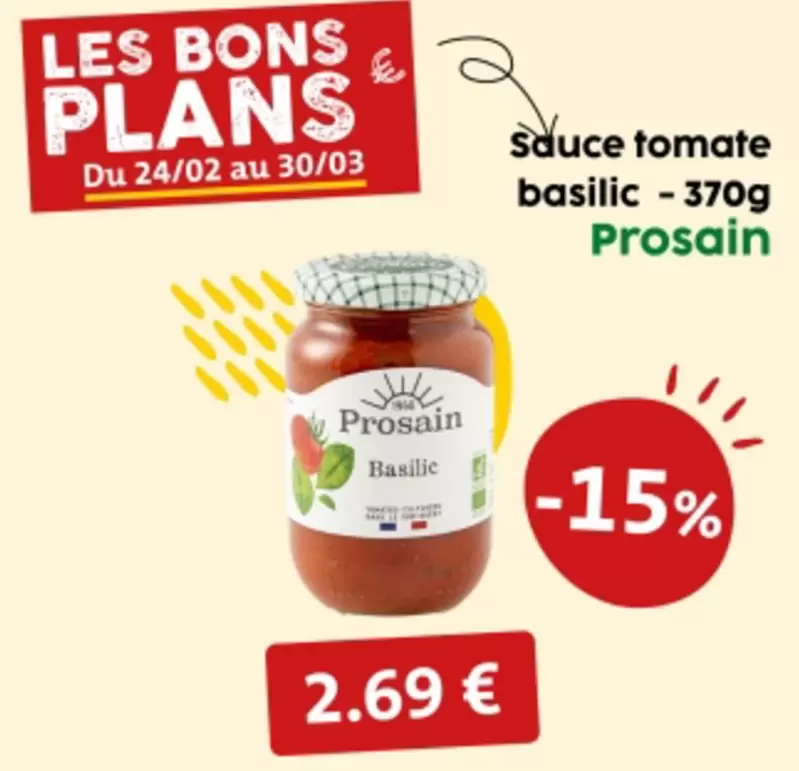 Prosain - Sauce Tomate Basilic  offre à 2,69€ sur So.bio