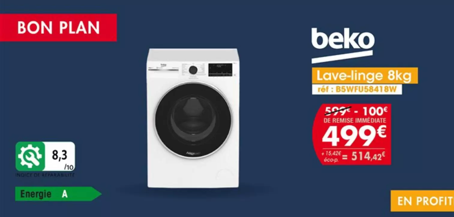 Beko - Lave-linge 8kg Réf: B5WFU58418 offre à 499€ sur PRO&Cie